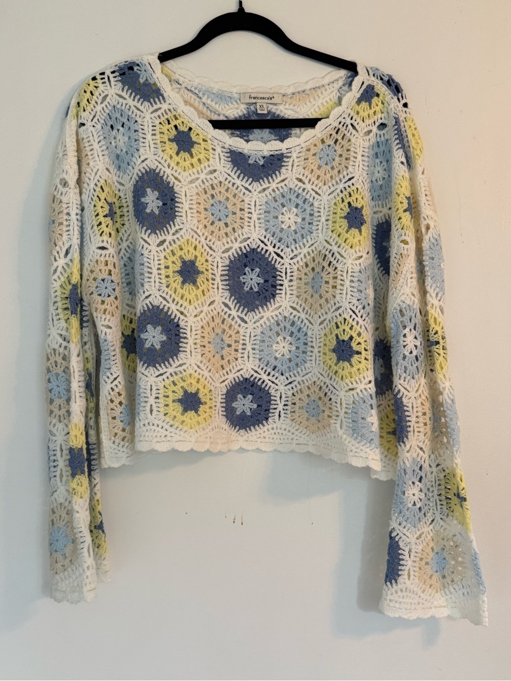 Francesca's Multicolor Crochet Openwork Pullover - Blue, Yellow, White